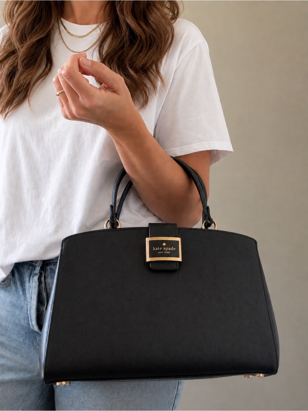 kate spade Black Structured Satchel with Gold Hardware